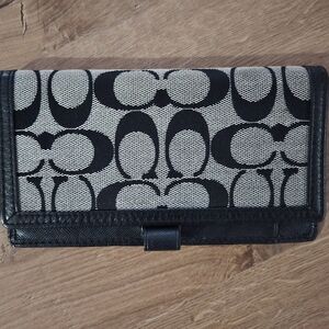 Coach signature checkbook cover black & gray fabric with leather trim & pockets